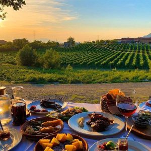 A view from a table full of delicious Albanian fayre at the Mrizi i Zanave Agritourism in Lezhe