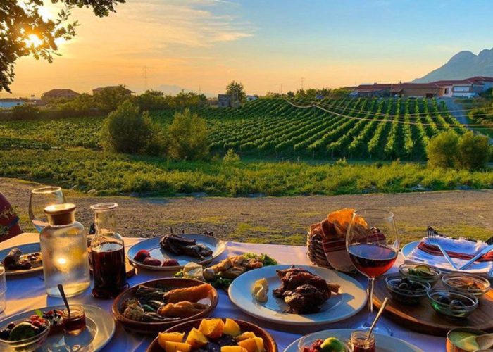 A view from a table full of delicious Albanian fayre at the Mrizi i Zanave Agritourism in Lezhe