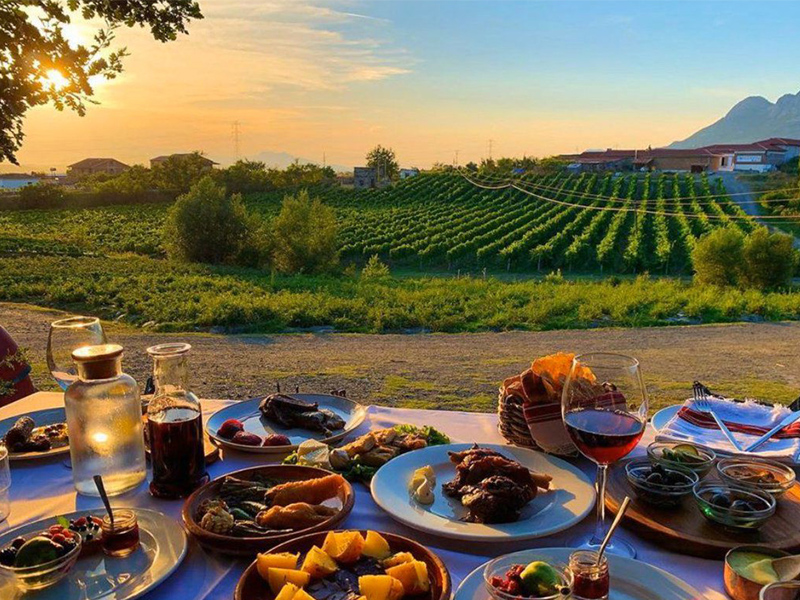 A view from a table full of delicious Albanian fayre at the Mrizi i Zanave Agritourism in Lezhe