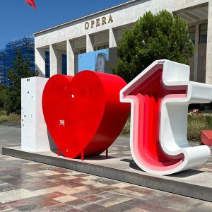 A photo of the I Love Tirana model outside the Opera House in Skanderbeg Square in Tirana