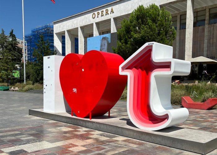 A photo of the I Love Tirana model outside the Opera House in Skanderbeg Square in Tirana