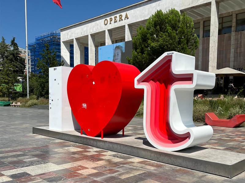A photo of the I Love Tirana model outside the Opera House in Skanderbeg Square in Tirana