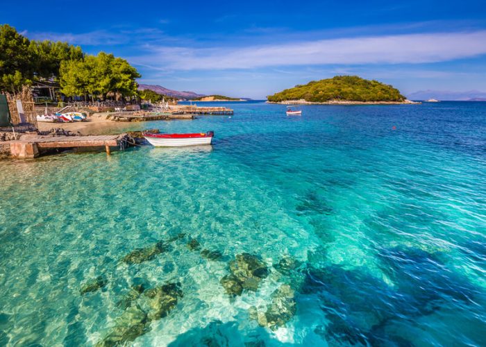 A view of the islands at Ksamil showing the crystal clear waters of the Ionian Sea
