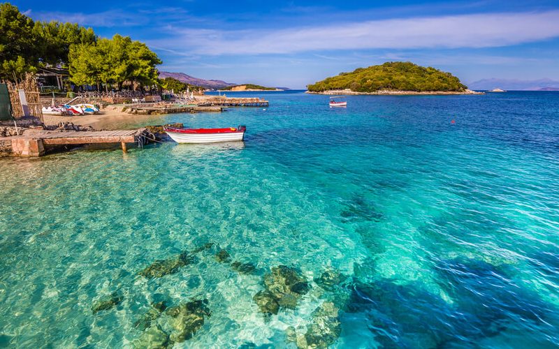A view of the islands at Ksamil showing the crystal clear waters of the Ionian Sea