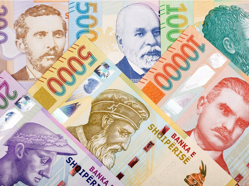 An image dispalyin various ALbanian bank notes