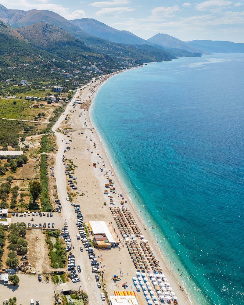 Birds-eye view of Borsh beach on the Albanian Riviera