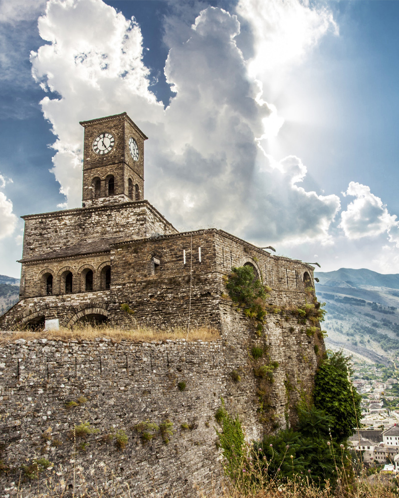 The clock tower atop Gjirokaster Castle in Albania