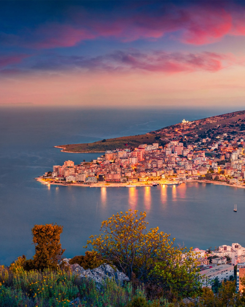A view of Sarande bay taken at dusk from Lekuresi Castle