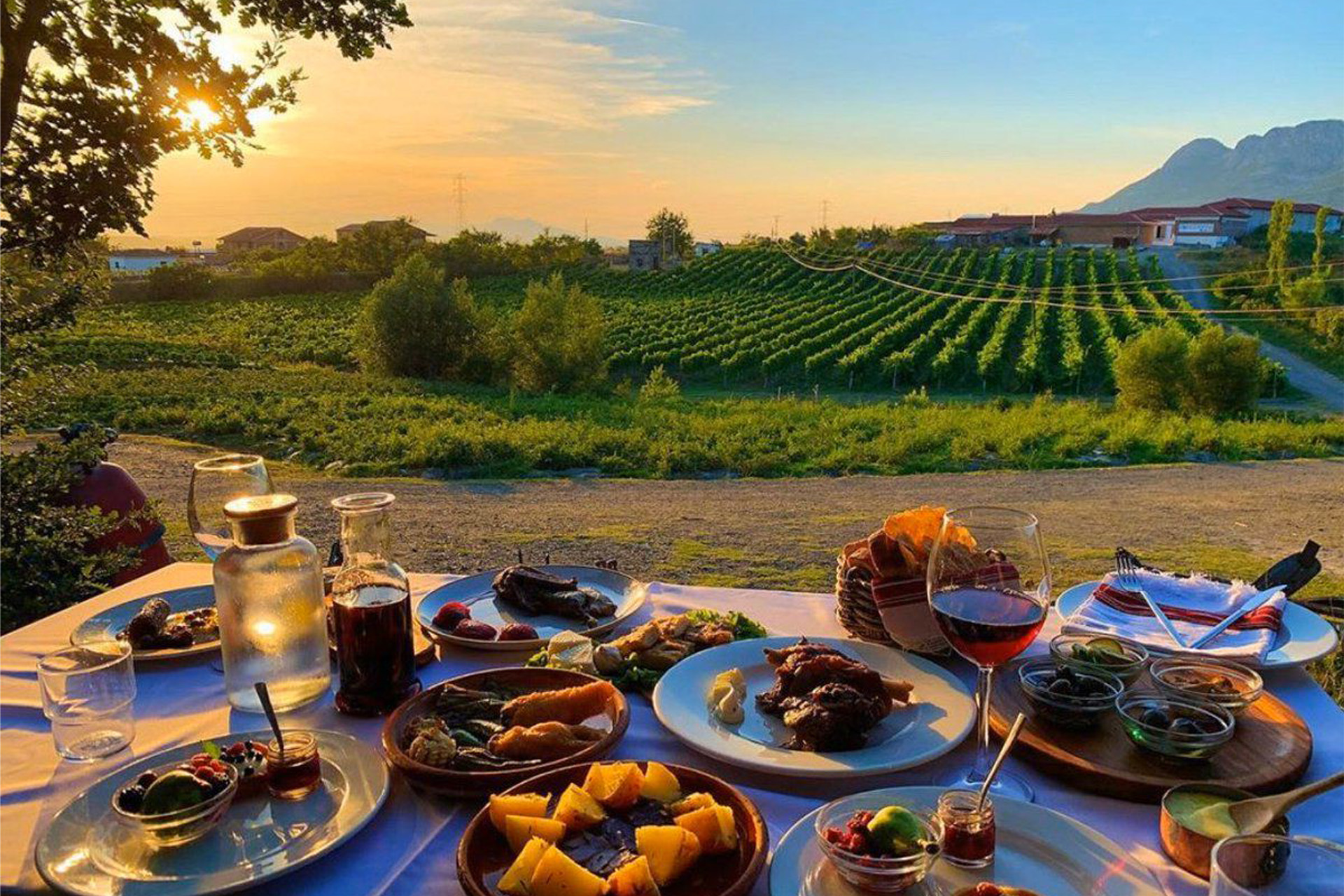 A view from a table full of delicious Albanian fayre at the Mrizi i Zanave Agritourism in Lezhe