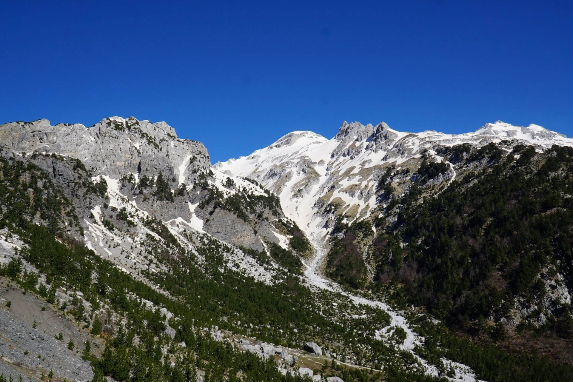 Stunning view of the snow capped peaks of the Albanian Alps
