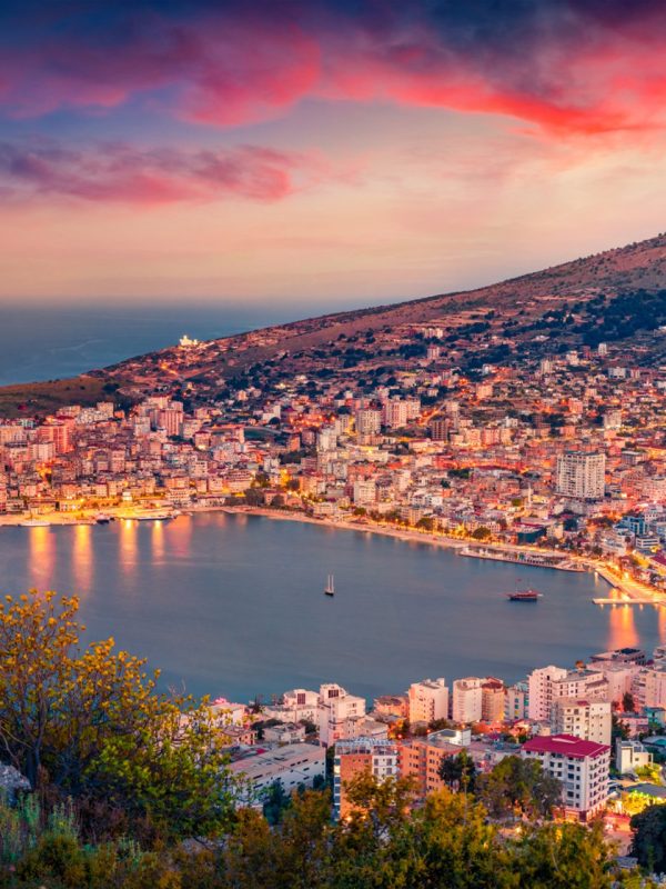 A view of Sarande bay taken at dusk from Lekuresi Castle