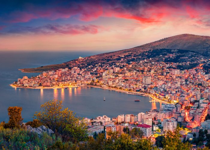 A view of Sarande bay taken at dusk from Lekuresi Castle
