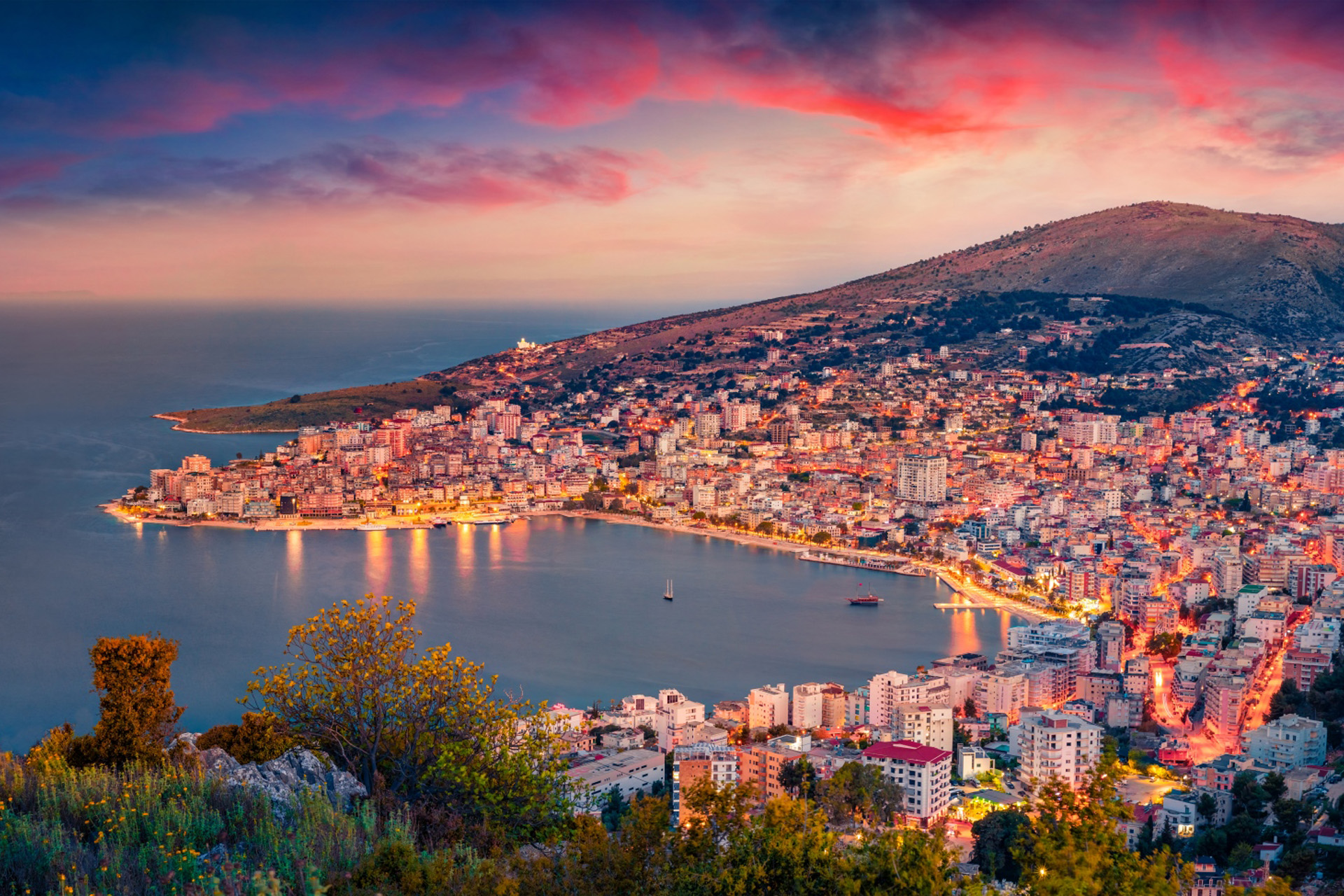 A view of Sarande bay taken at dusk from Lekuresi Castle