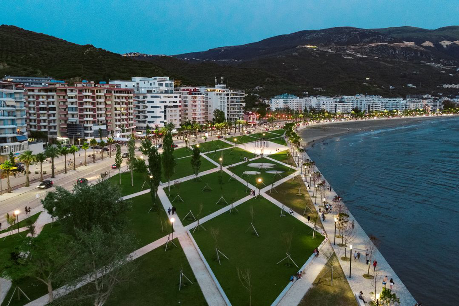 Aerial image at dusk of the Lungomare in Vlore