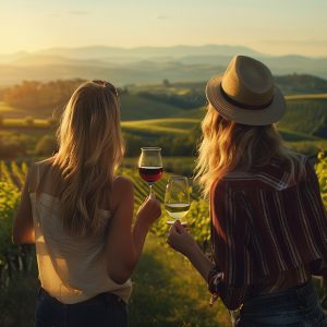 Two women looking out over an Albanian vineyard whilst holding wine glasses