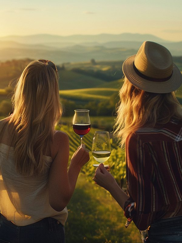 Two women looking out over an Albanian vineyard whilst holding wine glasses