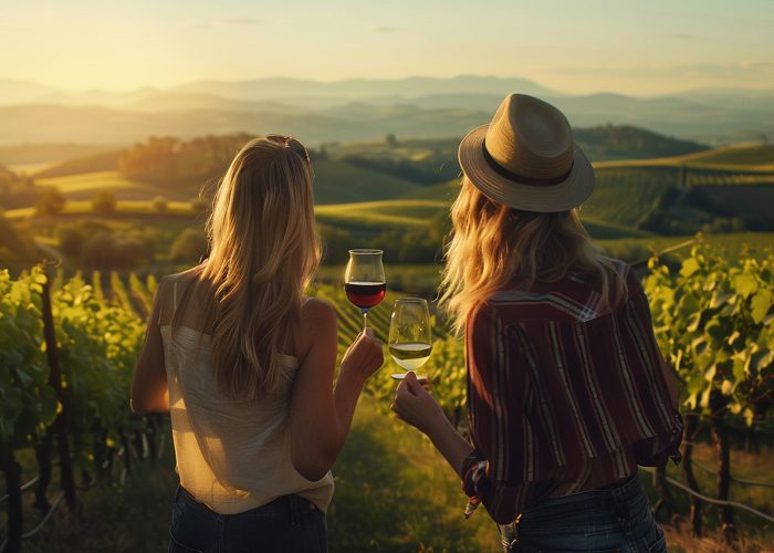 Two women looking out over an Albanian vineyard whilst holding wine glasses
