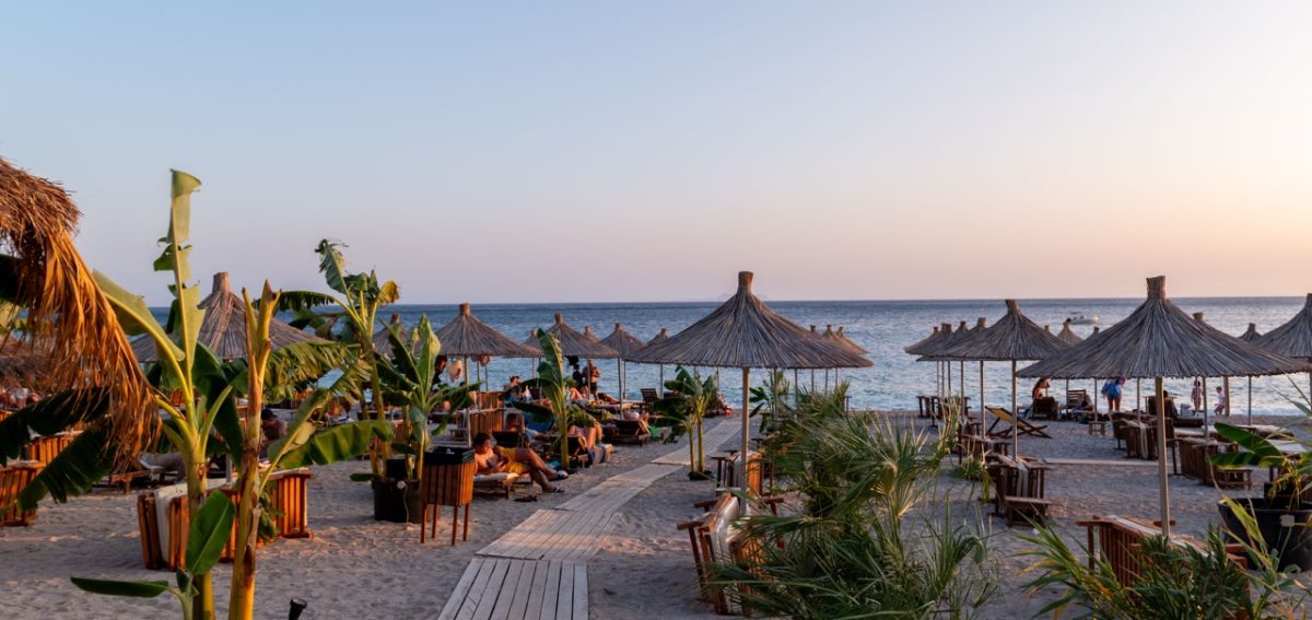 A view of the Domi Resort Hotel's private beach area on Drimades Beach in Dhermi