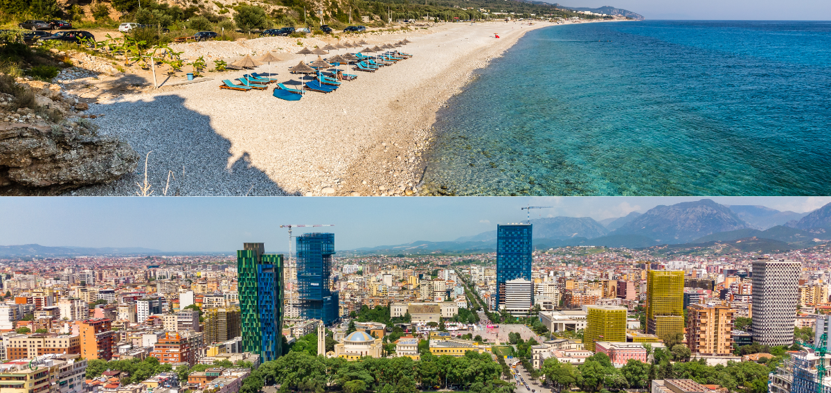 Split image of Tirana and a beach in Dhermi