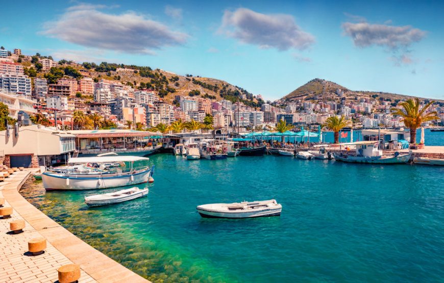 Perfect,Spring,Cityscape,Of,Saranda,Port.,Picturesque,Ioninian,Seascape.,Bright