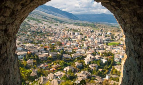 Gjirokaster, Albania - 20 September 2016: View of Old Town Gjirokaster from the castle, Albania